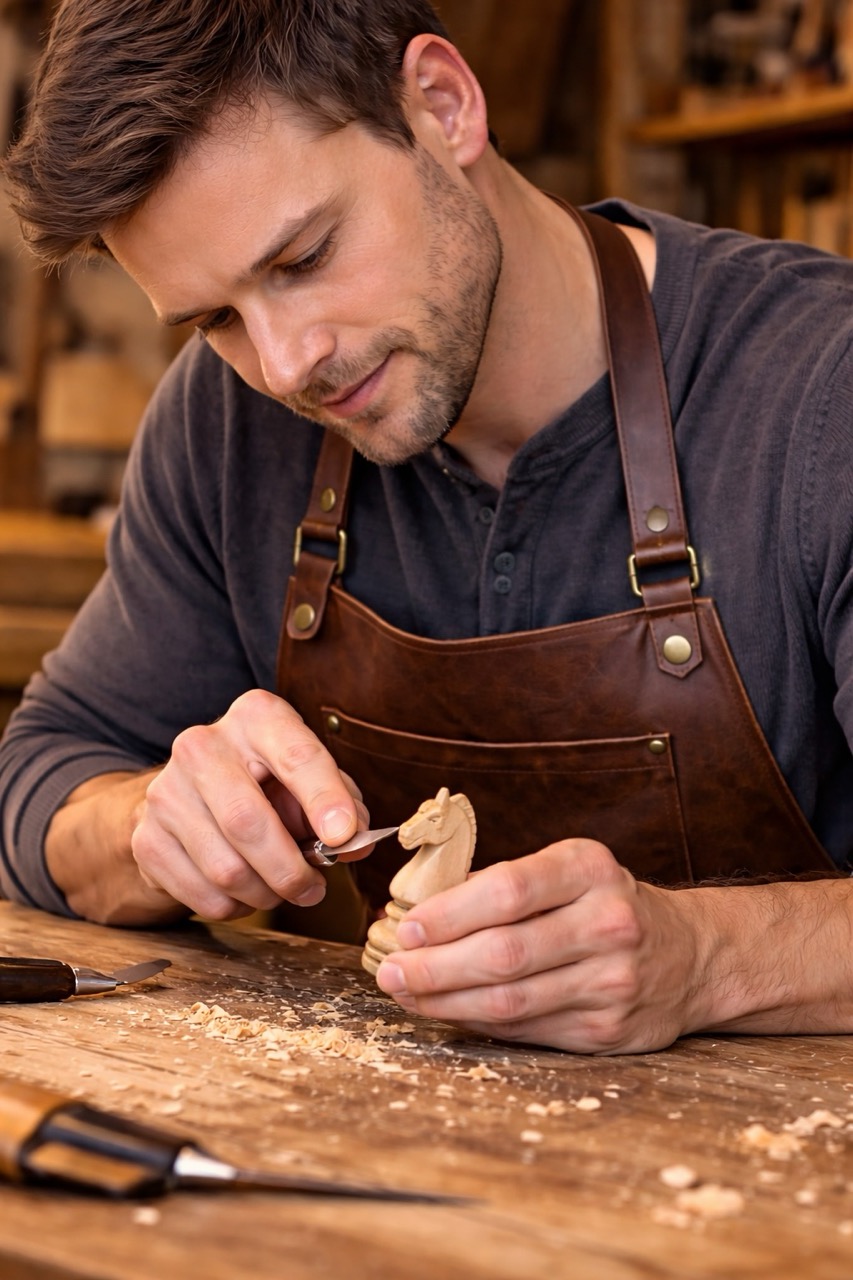 Close-up of a wooden knight chess piece being carved